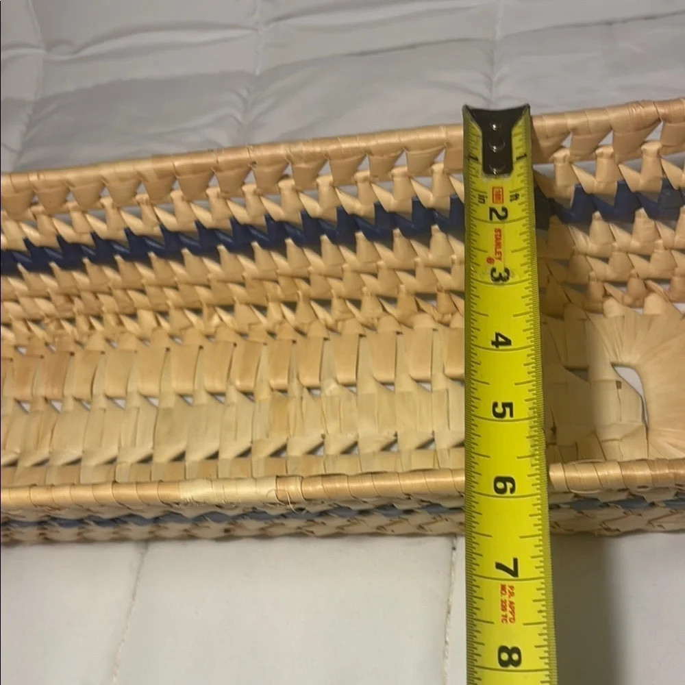 Woven Rectangular Basket with Ceramic Blue and White  Handles